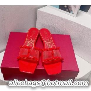 Popular Style Valentino Rockstud Flat Slide Sandals in Patent Leather and mesh Red 0323100