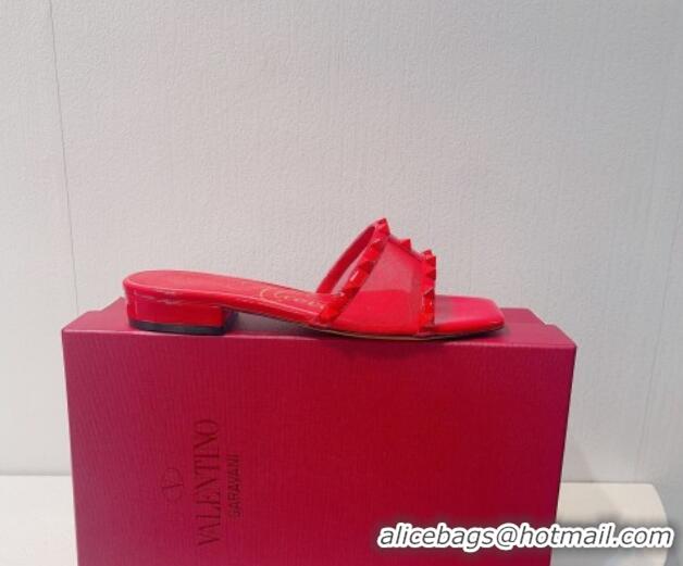 Popular Style Valentino Rockstud Flat Slide Sandals in Patent Leather and mesh Red 0323100