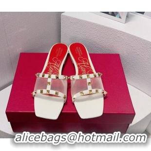 Low Cost Valentino Rockstud Flat Slide Sandals in Patent Leather and mesh White 0323101