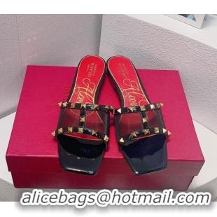 Pretty Style Valentino Rockstud Flat Slide Sandals in Patent Leather and mesh Black/Gold 0323102