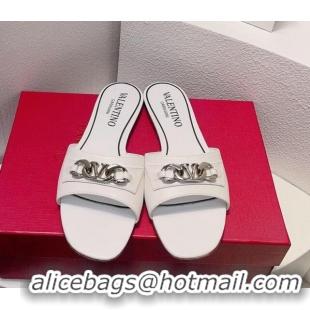 Grade Quality Valentino Vlogo Chain Leather Flat Slide Sandals White 0323103