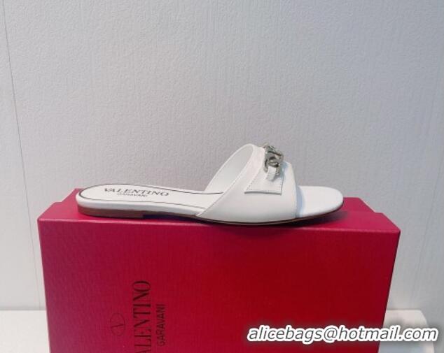 Grade Quality Valentino Vlogo Chain Leather Flat Slide Sandals White 0323103