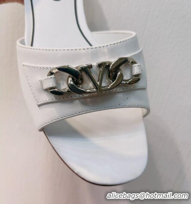 Grade Quality Valentino Vlogo Chain Leather Flat Slide Sandals White 0323103