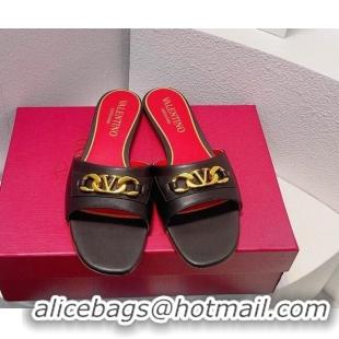 Top Grade Valentino Vlogo Chain Leather Flat Slide Sandals Black/Red 0323105