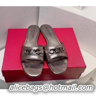 Stylish Valentino Vlogo Chain Leather Flat Slide Sandals Grey 0323106