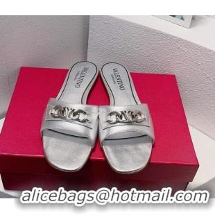 Good Product Valentino Vlogo Chain Leather Flat Slide Sandals Silver 0323107