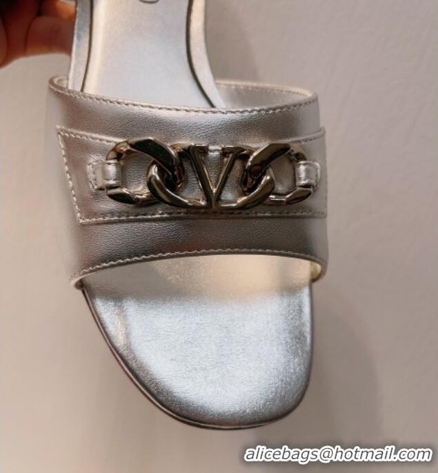 Good Product Valentino Vlogo Chain Leather Flat Slide Sandals Silver 0323107