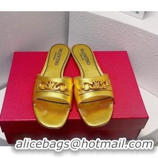 Unique Style Valentino Vlogo Chain Leather Flat Slide Sandals Gold 0323108