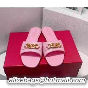 Best Grade Valentino Vlogo Chain Leather Flat Slide Sandals Light Pink 0323110