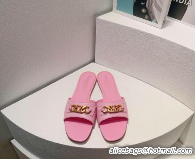 Best Grade Valentino Vlogo Chain Leather Flat Slide Sandals Light Pink 0323110