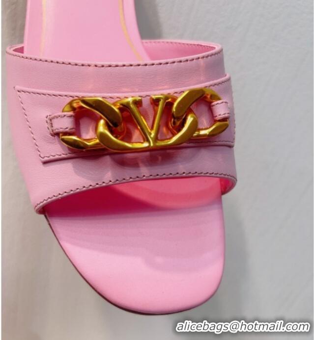 Best Grade Valentino Vlogo Chain Leather Flat Slide Sandals Light Pink 0323110