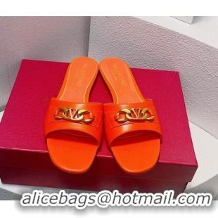 Grade Quality Valentino Vlogo Chain Leather Flat Slide Sandals Orange 0323111