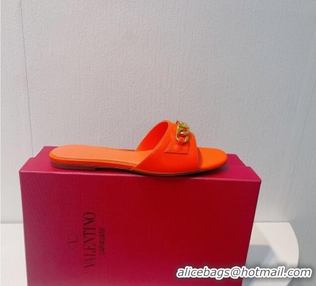 Grade Quality Valentino Vlogo Chain Leather Flat Slide Sandals Orange 0323111