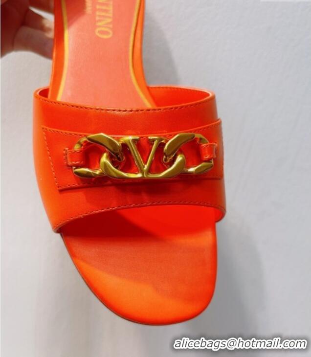 Grade Quality Valentino Vlogo Chain Leather Flat Slide Sandals Orange 0323111