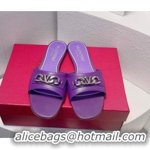 Best Price Valentino Vlogo Chain Leather Flat Slide Sandals Purple 323113