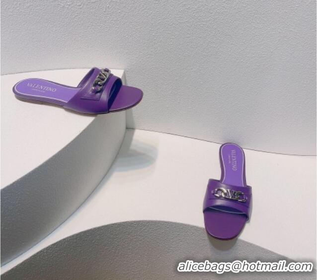 Best Price Valentino Vlogo Chain Leather Flat Slide Sandals Purple 323113