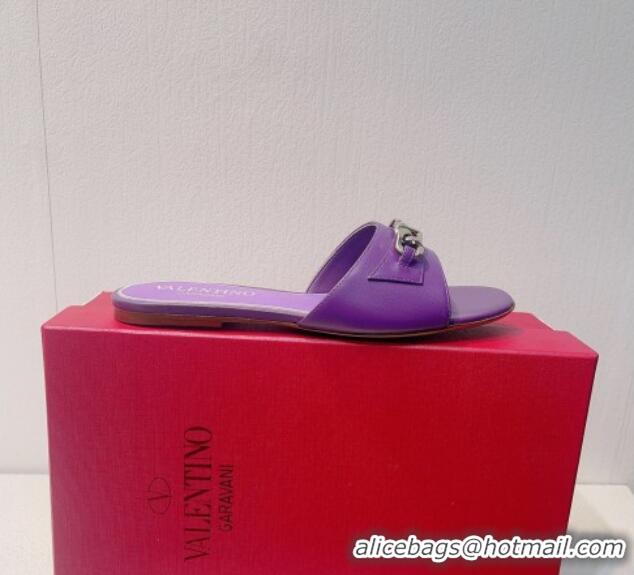 Best Price Valentino Vlogo Chain Leather Flat Slide Sandals Purple 323113