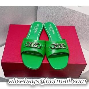 Best Product Valentino Vlogo Chain Leather Flat Slide Sandals Green 323114