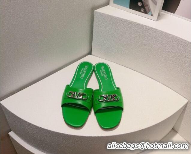 Best Product Valentino Vlogo Chain Leather Flat Slide Sandals Green 323114