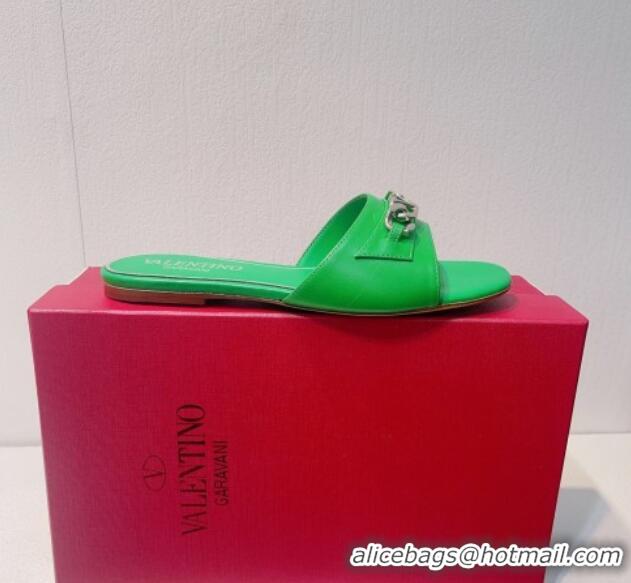 Best Product Valentino Vlogo Chain Leather Flat Slide Sandals Green 323114