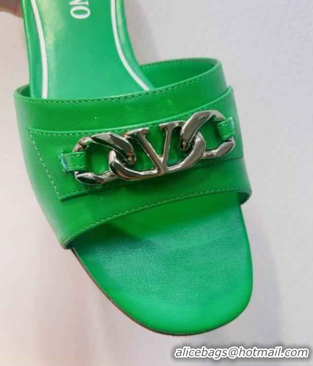 Best Product Valentino Vlogo Chain Leather Flat Slide Sandals Green 323114