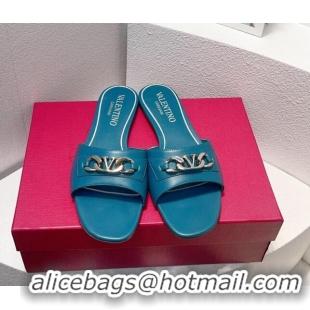 Good Quality Valentino Vlogo Chain Leather Flat Slide Sandals Blue 323115