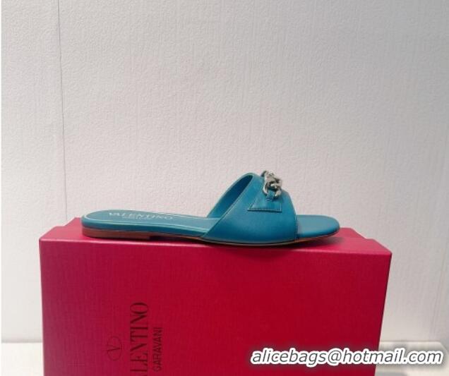 Good Quality Valentino Vlogo Chain Leather Flat Slide Sandals Blue 323115