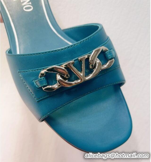 Good Quality Valentino Vlogo Chain Leather Flat Slide Sandals Blue 323115