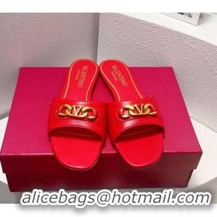 Purchase Valentino Vlogo Chain Leather Flat Slide Sandals Red 323116