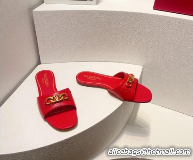 Purchase Valentino Vlogo Chain Leather Flat Slide Sandals Red 323116