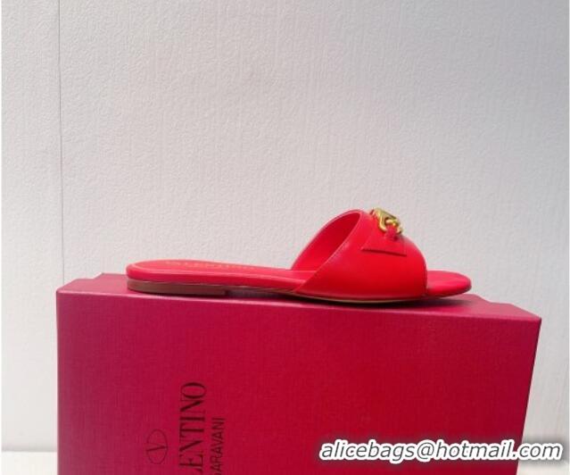 Purchase Valentino Vlogo Chain Leather Flat Slide Sandals Red 323116