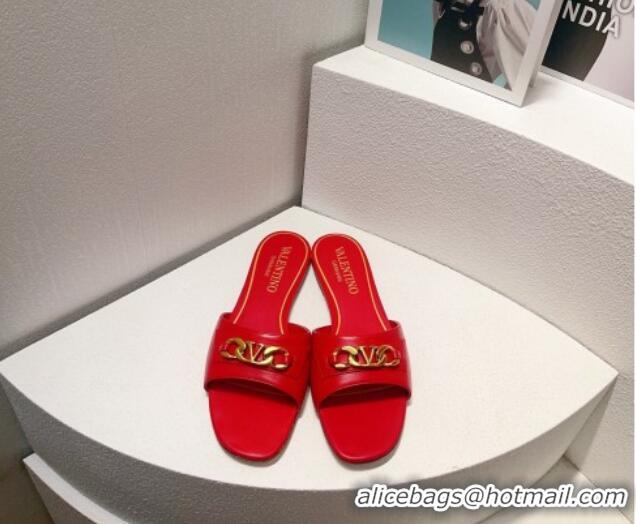 Purchase Valentino Vlogo Chain Leather Flat Slide Sandals Red 323116