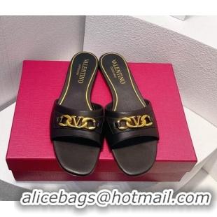 Perfect Valentino Vlogo Chain Leather Flat Slide Sandals Black 323117