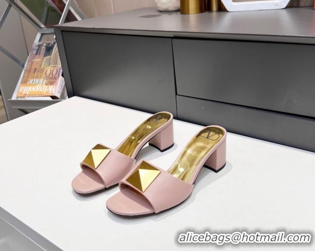 Good Looking Valentino One Stud Grainy Leather Heel Slide Sandals 4.5cm Pink 323120