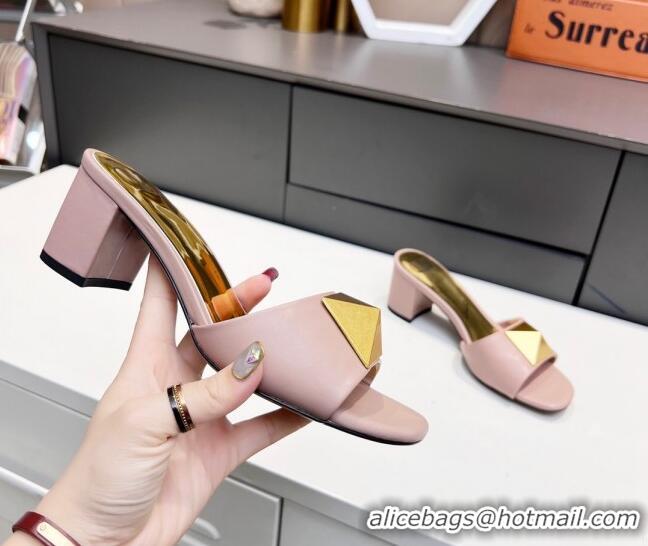 Good Looking Valentino One Stud Grainy Leather Heel Slide Sandals 4.5cm Pink 323120