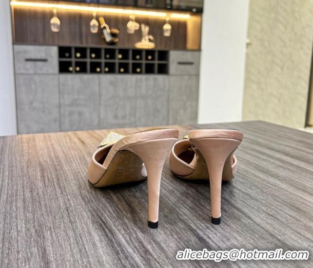 Shop Duplicate Valentino One Stud Crystal Heel Mules 8cm in Satin Nude 323121