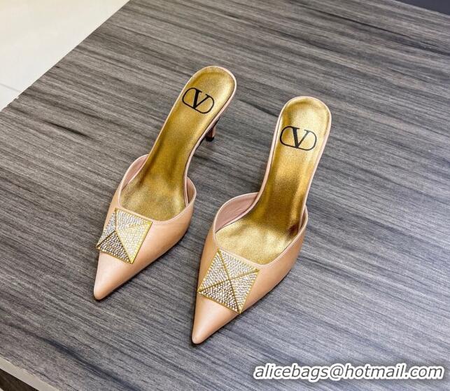 Shop Duplicate Valentino One Stud Crystal Heel Mules 8cm in Satin Nude 323121