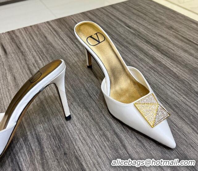 Pretty Style Valentino One Stud Crystal Heel Mules 8cm in Satin White 323123