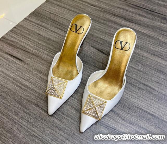 Pretty Style Valentino One Stud Crystal Heel Mules 8cm in Satin White 323123