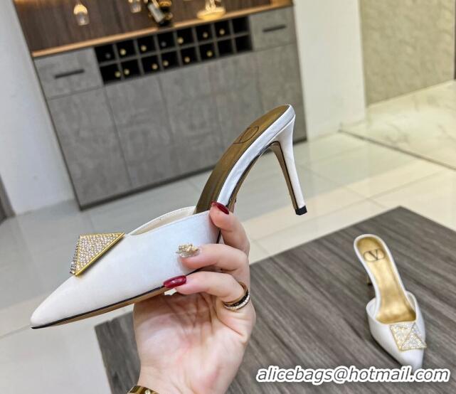 Pretty Style Valentino One Stud Crystal Heel Mules 8cm in Satin White 323123