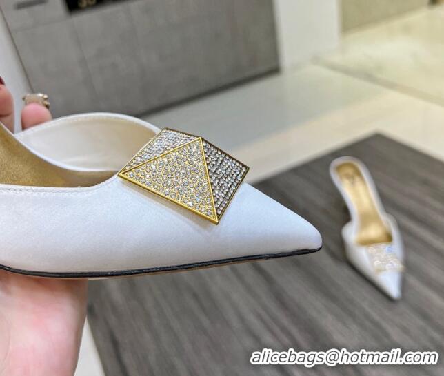 Pretty Style Valentino One Stud Crystal Heel Mules 8cm in Satin White 323123