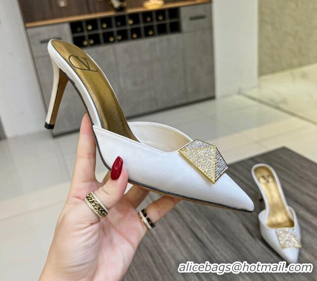 Pretty Style Valentino One Stud Crystal Heel Mules 8cm in Satin White 323123