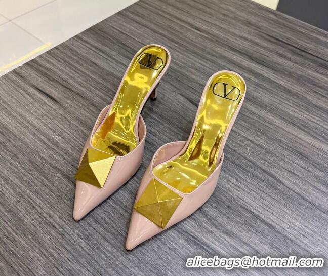 Top Grade Valentino One Stud Crystal Heel Mules 8cm in Pink Patent Leather 323129