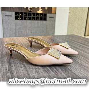 Durable Valentino One Stud Crystal Heel Mules 4cm in Satin Nude 323122