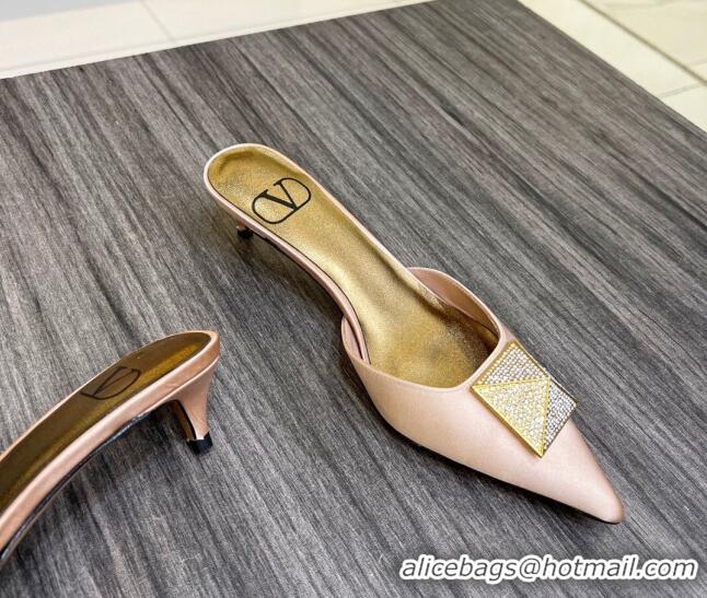 Durable Valentino One Stud Crystal Heel Mules 4cm in Satin Nude 323122