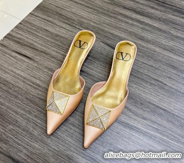 Durable Valentino One Stud Crystal Heel Mules 4cm in Satin Nude 323122