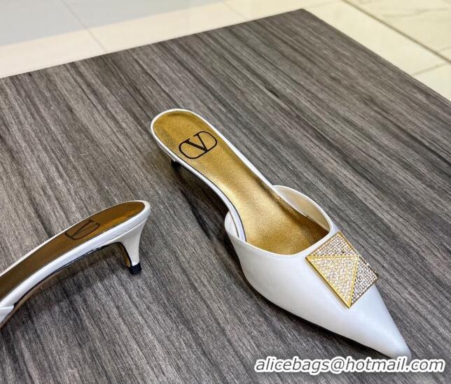 Low Cost Valentino One Stud Crystal Heel Mules 4cm in Satin White 323124