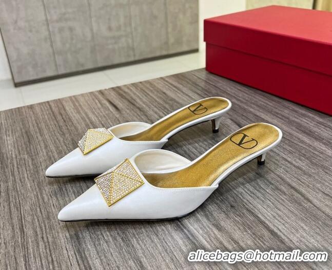 Low Cost Valentino One Stud Crystal Heel Mules 4cm in Satin White 323124