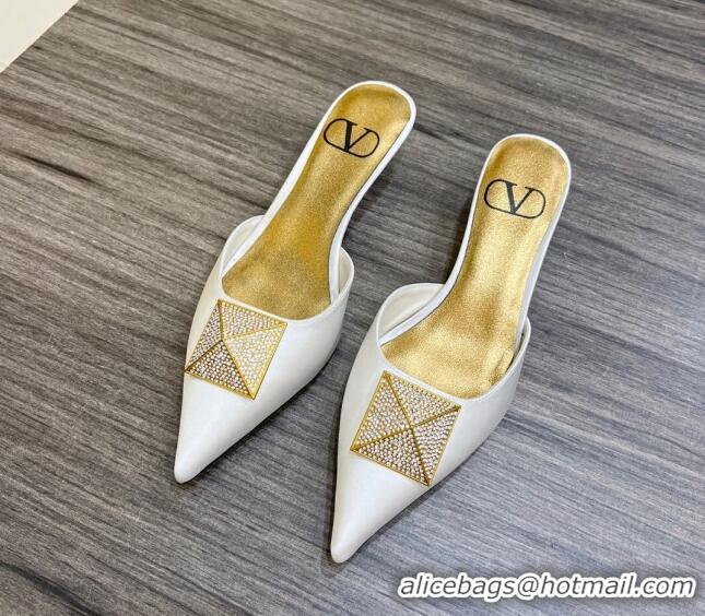 Low Cost Valentino One Stud Crystal Heel Mules 4cm in Satin White 323124