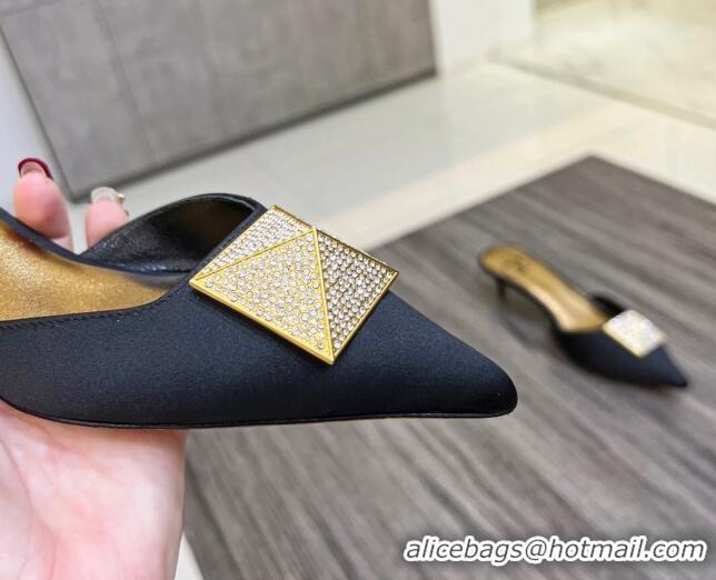 Charming Valentino One Stud Crystal Heel Mules 4cm in Satin Black 0323126